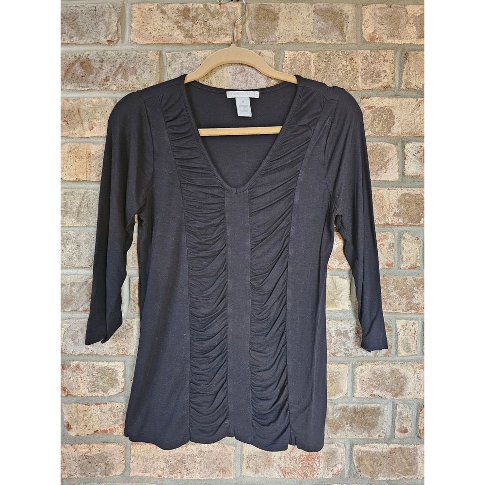 DESIGN HISTORY Black Ruched V Neck 3/4 Sleeve Tunic Top Women's Size M